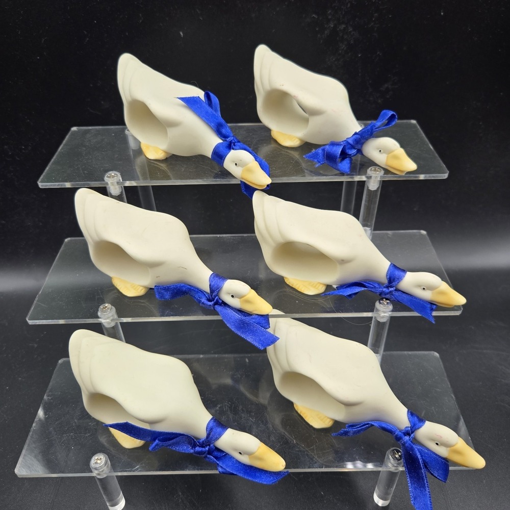 VTG Cottagecore White Bisque Geese Porcelain Napkin Rings With Blue Bows Dept 56